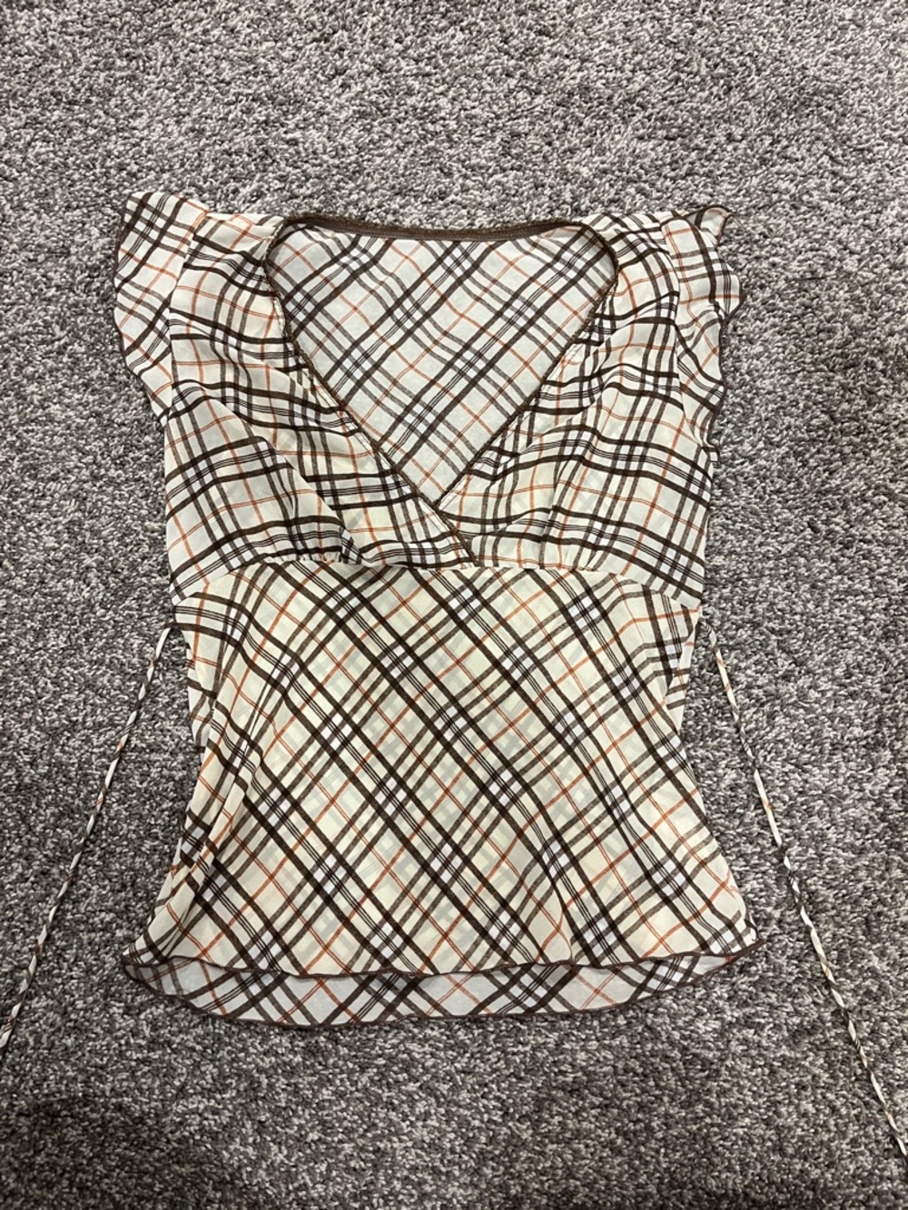 Ruffled Plaid V‑Neck Camisole - White and Brown